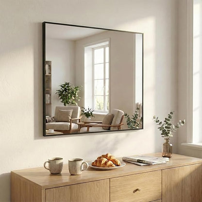30''x30'' Square Black Bathroom Mirror, Matte Metal Framed Wall Mirror - Image 3