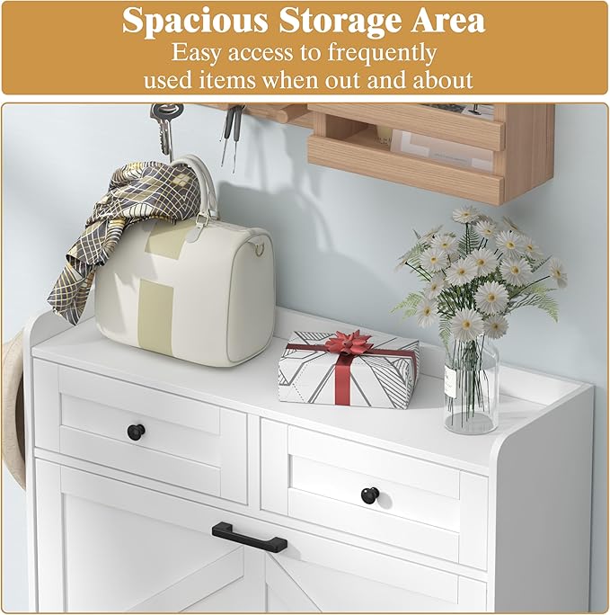Shoe Cabinet with 2 Flip Drawers & 2 Storage Drawers, Rustic Farmhouse Narrow - Image 4