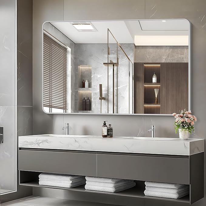 55x36 Inch Silver Bathroom Mirror, Large Rectangular Vanity Mirror, Metal - Image 3