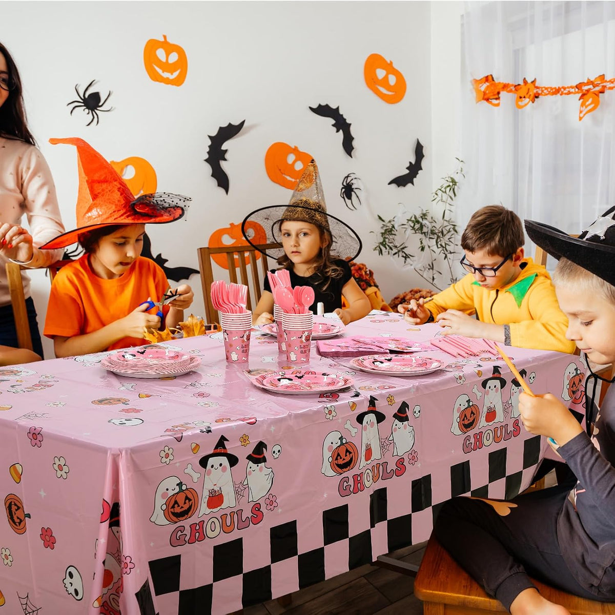 FoldTier 170 Pcs Pink Halloween Party Supplies Let's Go Ghouls Decorations