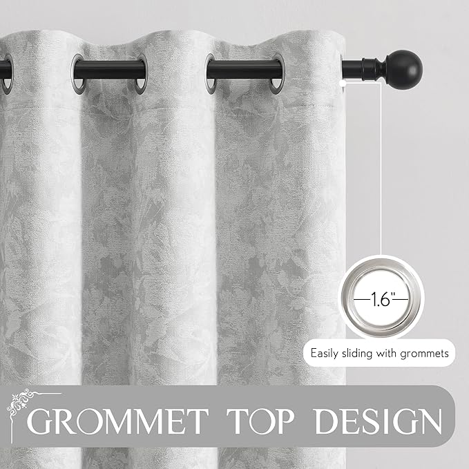 Beauoop Grey Floral Jacquard Blackout Curtains 84 Inches Long 2 Panels - Image 7
