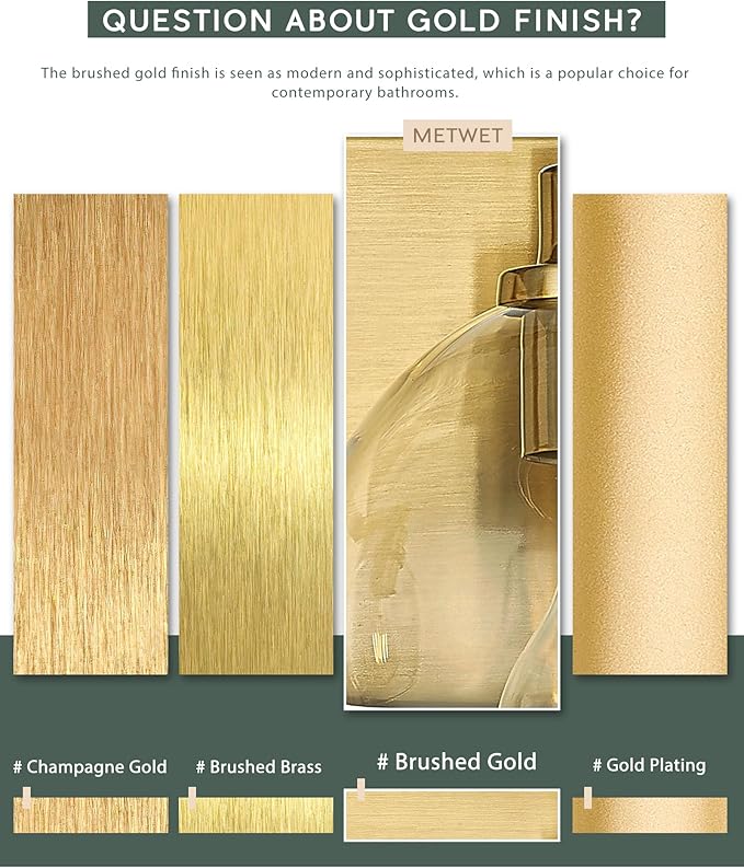 METWET Bathroom Light Fixtures, 3-Light Brushed Gold Vanity Light, Modern Wall - Image 7