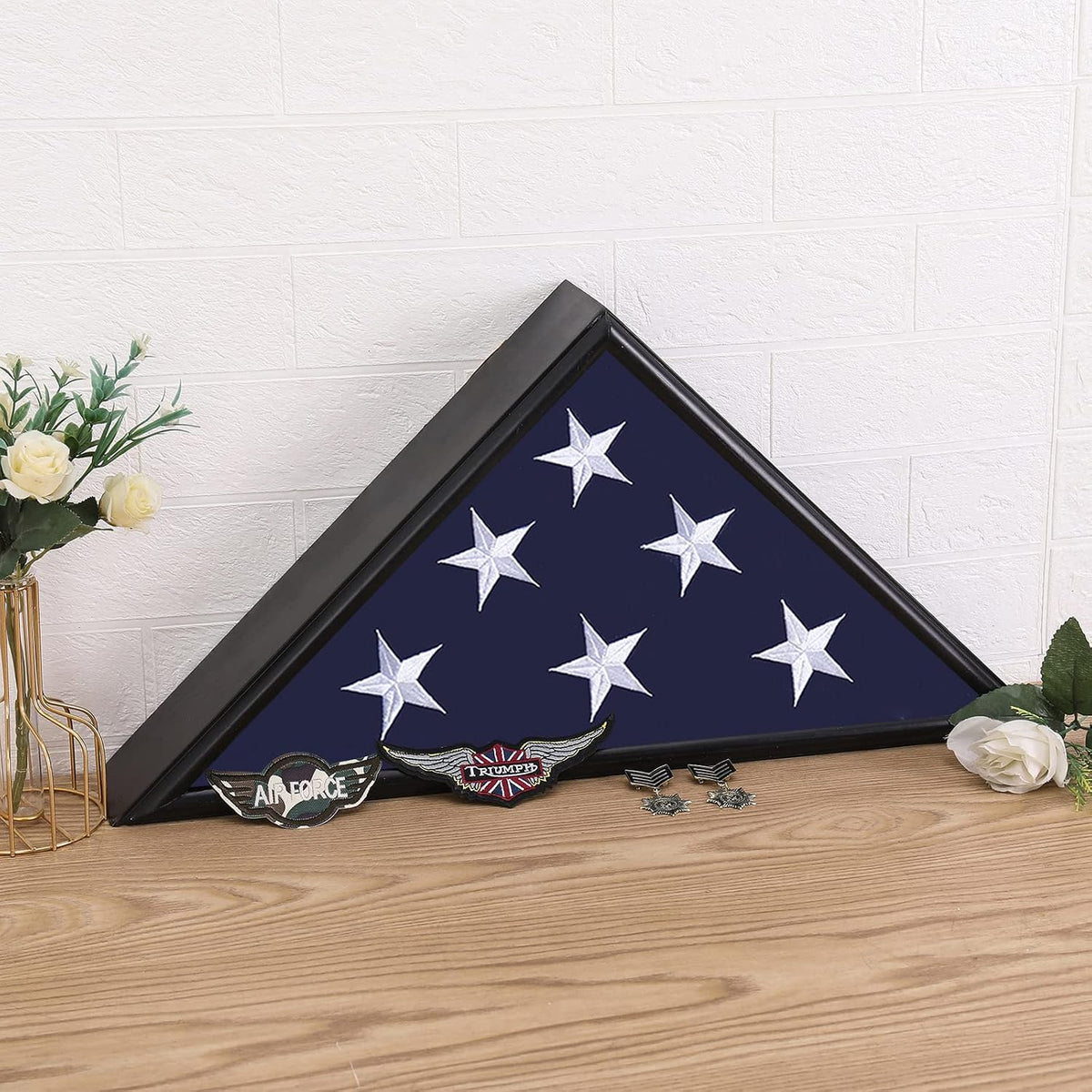 Burial Flag Display Case Fits 5'x9.5' Flag, Thin Bottom Edge Military Flag Box with Glass Front for American Veteran Flag, Wooden Memorial Folded Flag Case Shadow Box (Black)