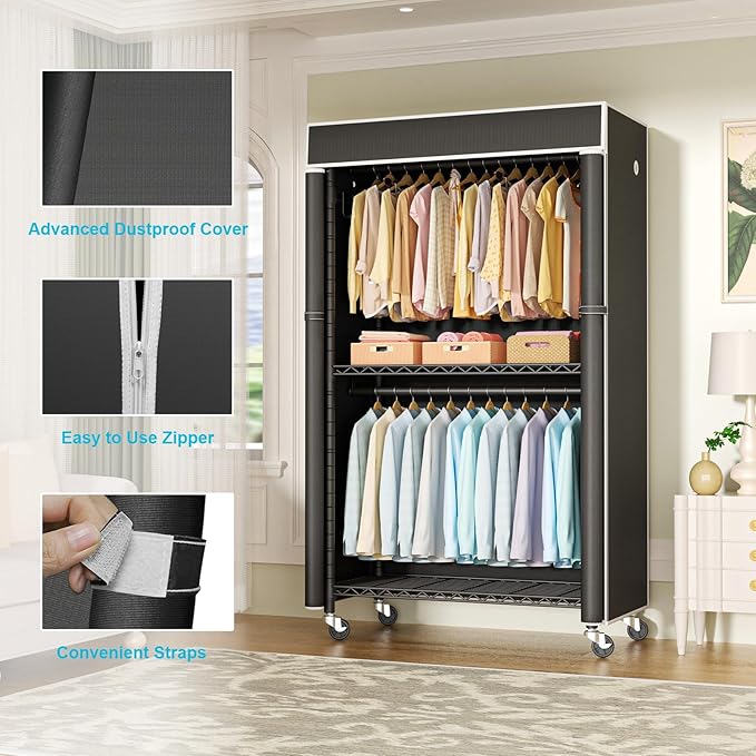 FUTASSI Clothing Rack with Cover, P1C Rolling Closets with Wheels, Metal - Image 3