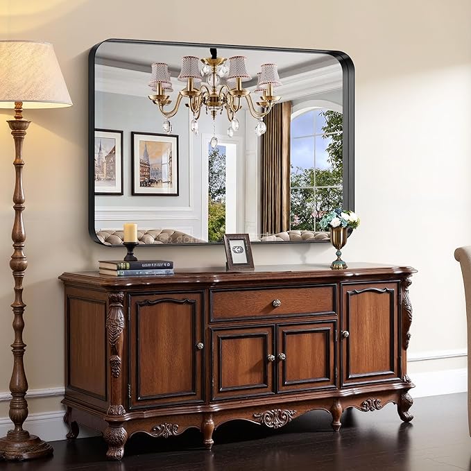 CIRCUMI Black Bathroom Mirror, Rounded Corner, Tempered Glass, Large Mirror - Image 4
