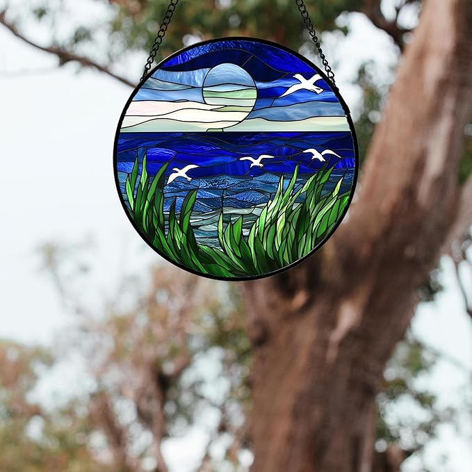 AMDERVEN Stained Glass Window Hanging 4 Pcs Set Navy Blue Ocean Landscape 6.3" - Image 5