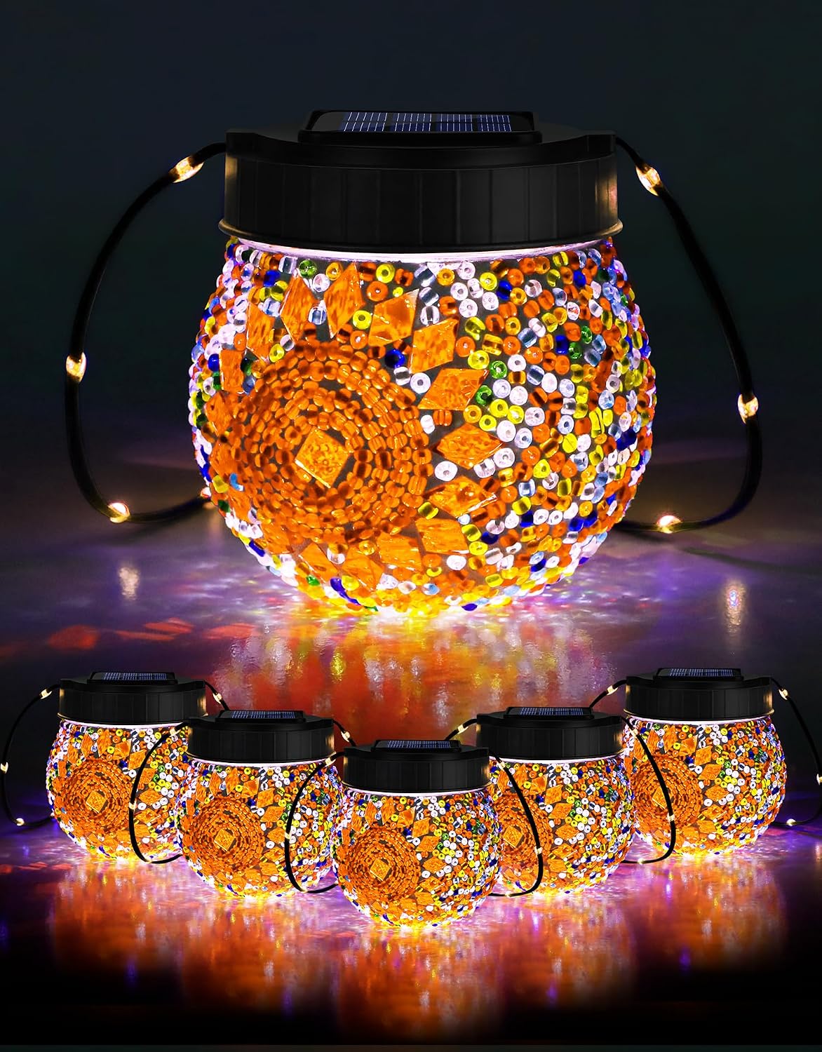 Mosaic Solar Lights Outdoor 6 Pack, Solar Hanging Lanterns Christmas Hallowee...