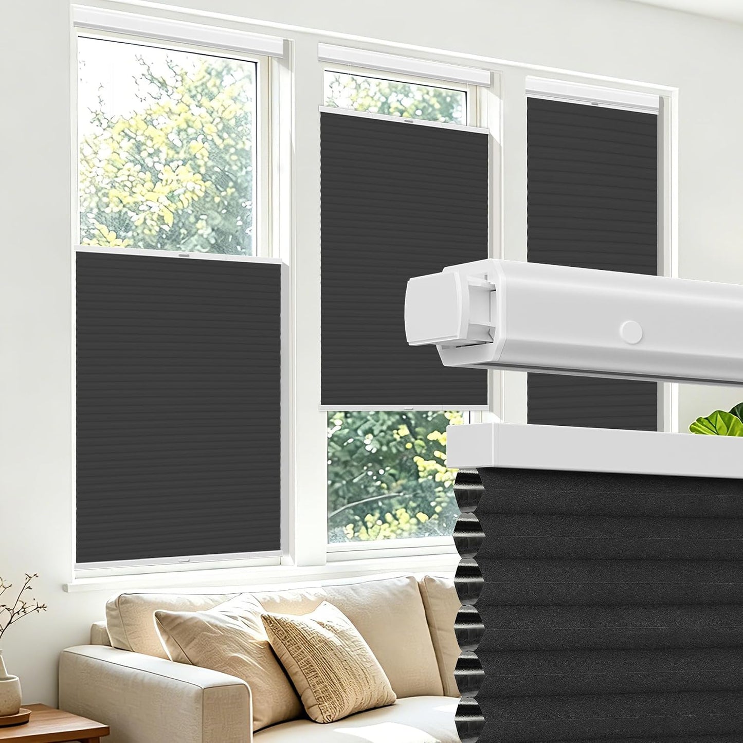 Allesin Top Down Bottom Up Cordless Cellular Shades,Thermal Insulation Honeycomb Blinds for Indoor Windows,Blackout (Black-no Drill,31"x64")