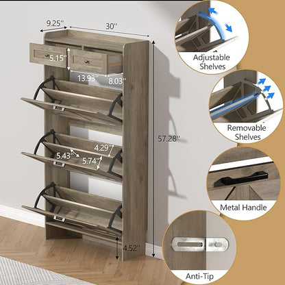 Shoe Cabinet with 3 Flip Drawers & 2 Storage Drawers, Rustic Farmhouse Narrow - Image 6