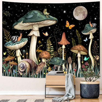 Zussun Green Mushroom Tapestry Moon Star Tapestries for Bedroom Aesthetic Starry Night Plant Tapastrys Wall Hanging Butterfly Snail Frog Wall Tapestry for Living Room Dorm (Dark, 48" x 36")