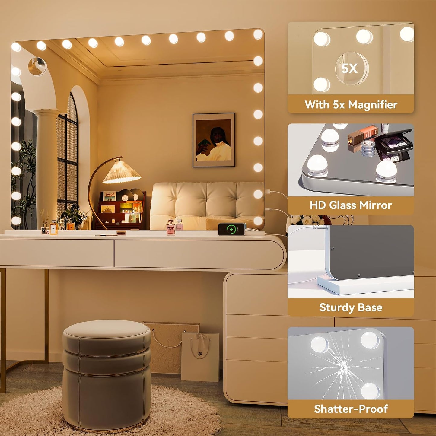 Hasipu Vanity Mirror with Lights 47" x 35", Makeup Mirror with Lights and Magnification, Hollywood Mirror with 3 Color Modes, LED Make up Mirror, Light up Mirror with USB & Type-C Charging