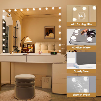 Hasipu Vanity Mirror with Lights 47" x 35", Makeup Mirror with Lights and Magnification, Hollywood Mirror with 3 Color Modes, LED Make up Mirror, Light up Mirror with USB & Type-C Charging