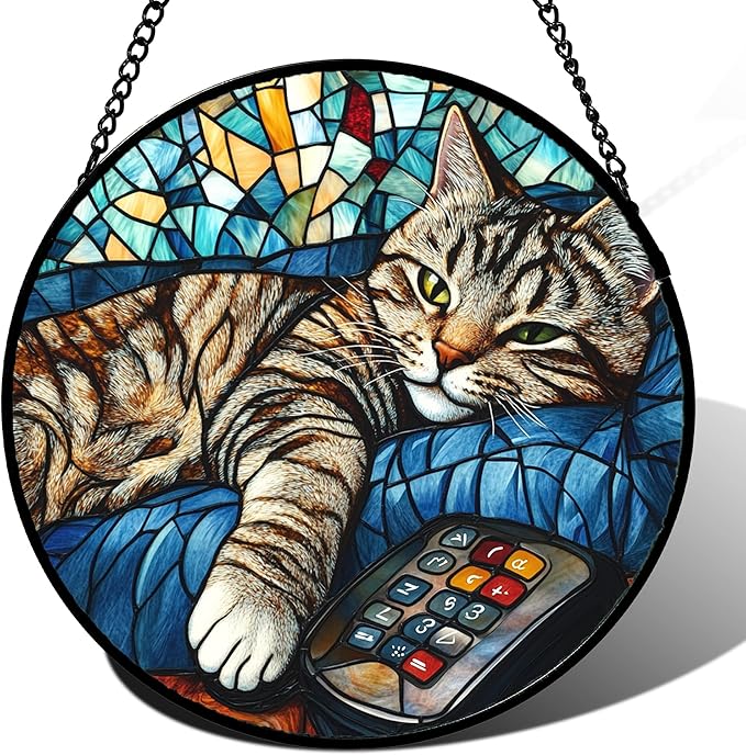 DASTOLL Stained Glass Window Hanging Gray Cat and Remote Control Large 11.8" by DASTOLL