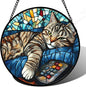 DASTOLL Stained Glass Window Hanging Gray Cat and Remote Control Large 15" by DASTOLL
