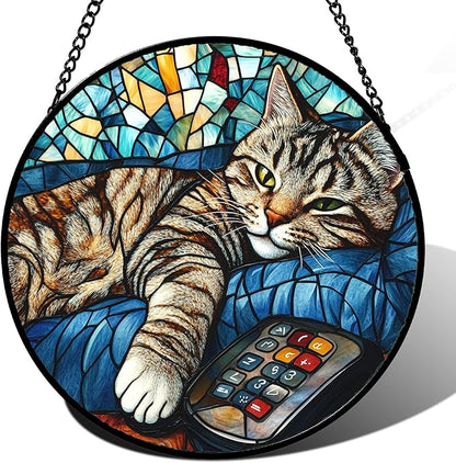 DASTOLL Stained Glass Window Hanging Gray Cat and Remote Control 7.8" by DASTOLL