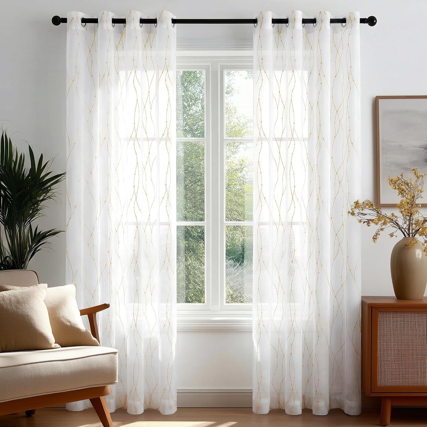 Deconovo Embroidered White Sheer Curtains for Bedroom, Grommet Top, Set of 2, 52W x 84L in per Panel, White Sheer Panels with Gold dots and line Embroidery