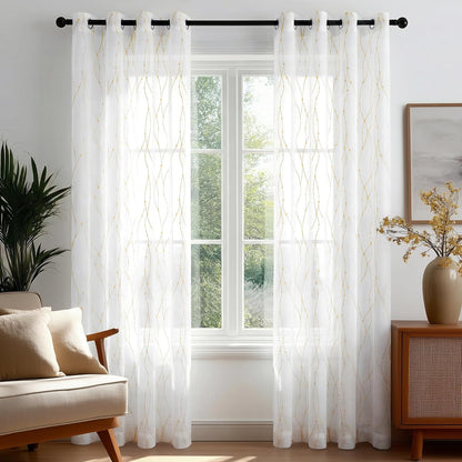 Deconovo Embroidered White Sheer Curtains for Bedroom, Grommet Top, Set of 2, 52W x 84L in per Panel, White Sheer Panels with Gold dots and line Embroidery
