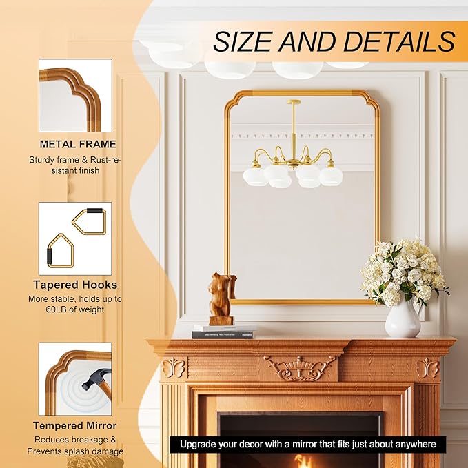 30" x 40" Wood Bathroom Mirror for Over Sink, Rustic Rounded Corner Vanity - Image 6