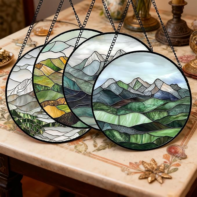 AMDERVEN Stained Glass Window Hanging 4 Pcs Set Mountain River Landscape 7.8" - Image 2
