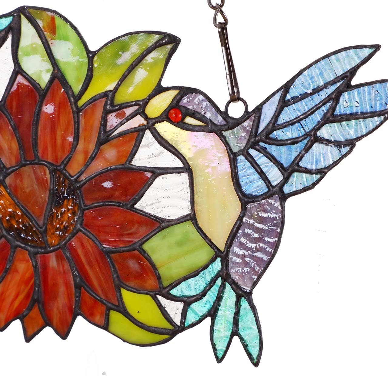 Bieye W10006 Hummingbirds Flower Tiffany Style Stained Glass Window Hangings Panel with Chain, 15" W x 7" H