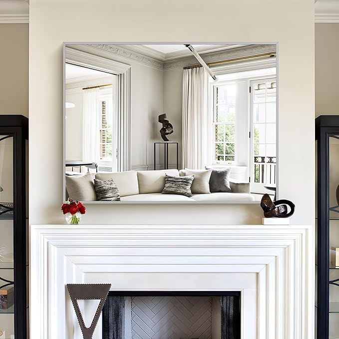 30x40In Silver Bathroom Mirror for Wall, Brushed Nickel Rectangle Mirrors - Image 8