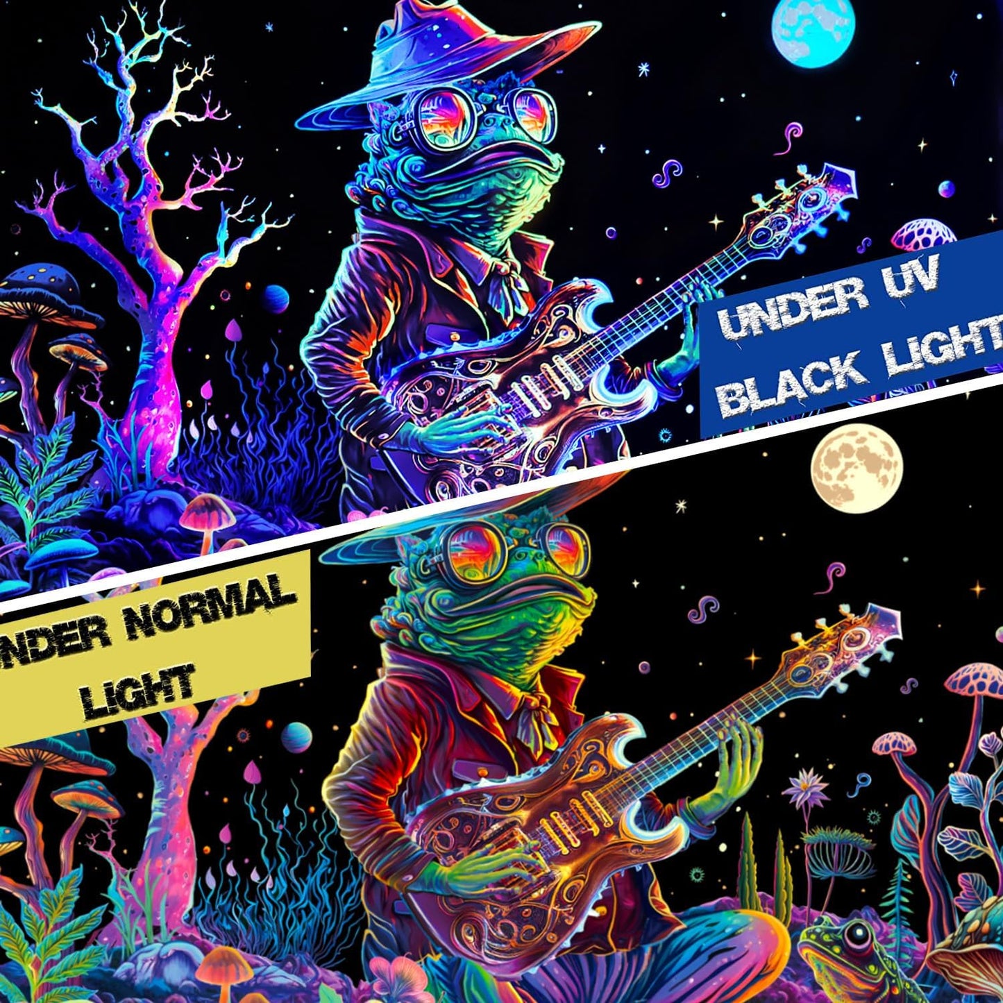 Galoker Blacklight Frog Tapestry Fantasy Neon Mushroom Tapestries UV Reactive Plant Floral Wall Tapestry Galaxy Space Tapestries Wall Hanging for Home Decor(H51.2×W59.1 inches)