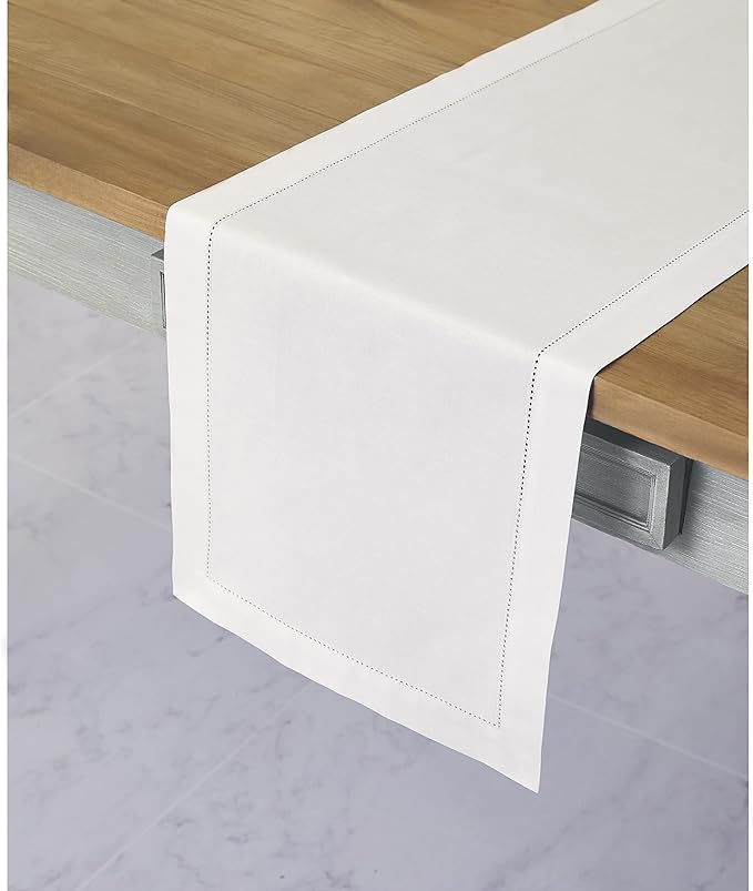 Solino Home White Table Runner 132 Inches Long - Cotton Linen Hemstitch Extra...