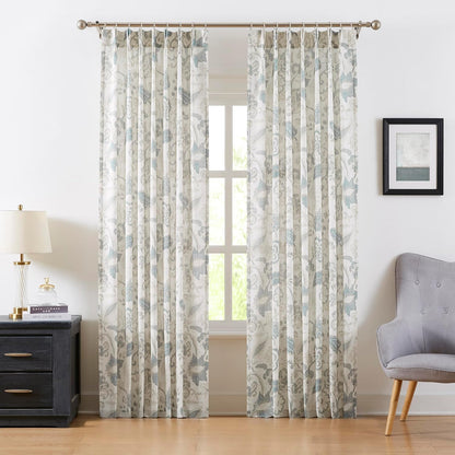 Kayne Studio Jacobean Floral Pinch Pleated Light Filtering Curtains 84 Inch | Blue Grey Boho Botanical Leaf Printed Vintage Farmhouse Drapes,Living Room Bedroom Back Tab Window Treatment,40"x84",2 Panels