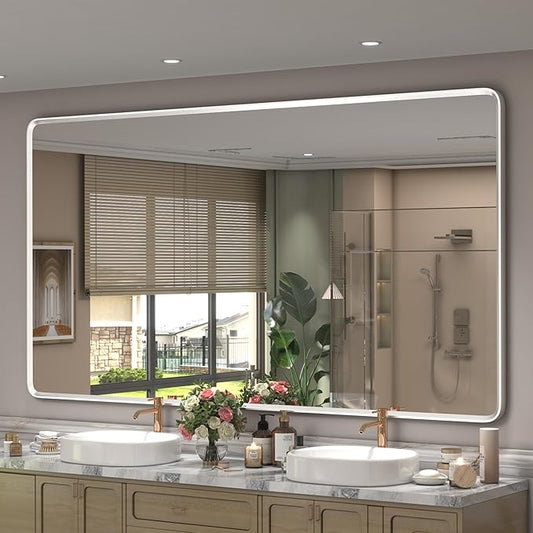 66x36 Inch Silver Framed Mirror, Brushed Nickel, Rounded Rectangle Mirror by GOLOMO