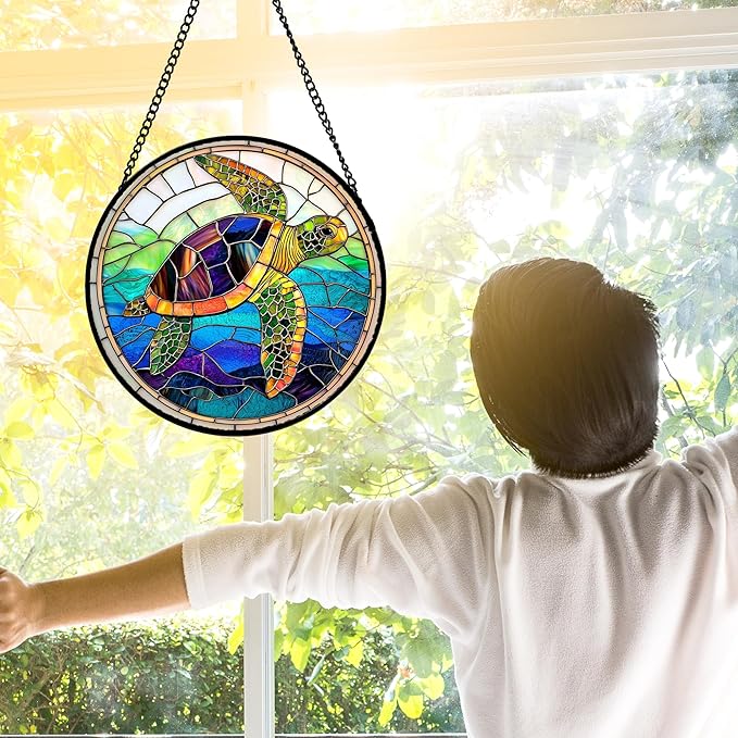 DASTOLL Stained Glass Window Hanging, Colored Turtle Ocean Suncatcher Diamond - Image 2