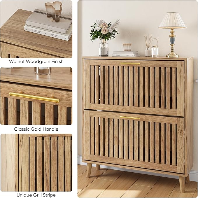 Shoe Storage Cabinet with 2 Flip Slatted Drawers, Narrow Freestanding Shoe - Image 3