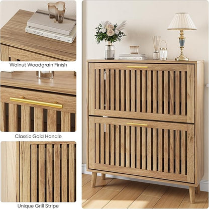 Shoe Storage Cabinet with 2 Flip Slatted Drawers, Narrow Freestanding Shoe - Image 3