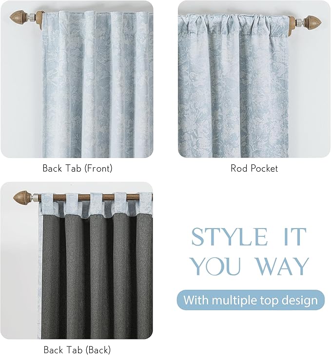 Beauoop Blue Floral Jacquard Blackout Curtains 90 Inches Long 2 Panels - Image 5