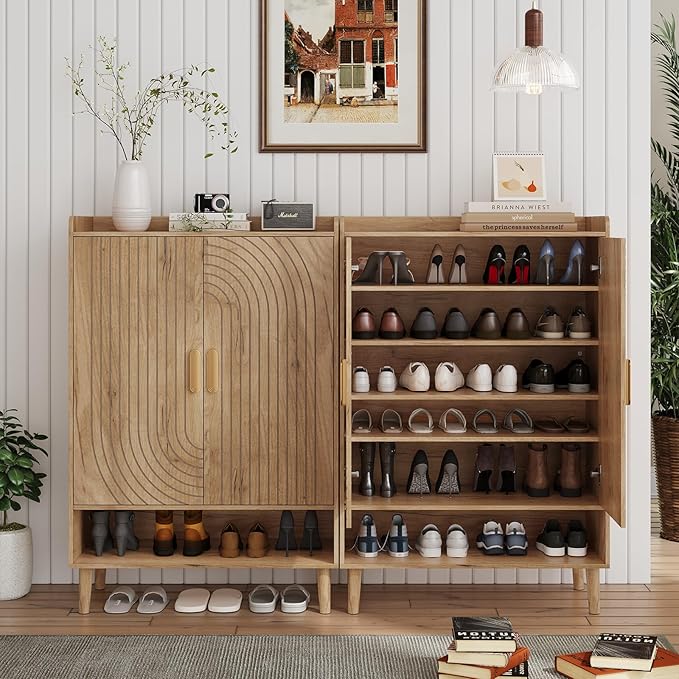 Smuxee Oak Shoe Cabinet with Line Groove Design, 6-Tier Shoe Storage Cabinet - Image 3