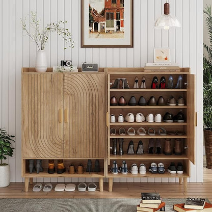 Smuxee Oak Shoe Cabinet with Line Groove Design, 6-Tier Shoe Storage Cabinet - Image 3