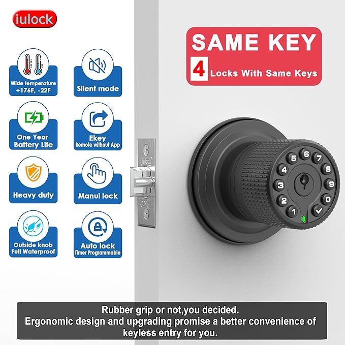 iulock Smart Door Knob with Keypad and Key, Keyless Entry Door Lock with Rubber - Image 3