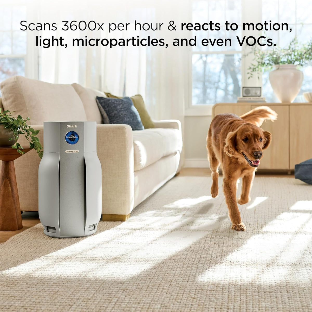 shark breatheclear max smart air purifier, hp362, dove, side view