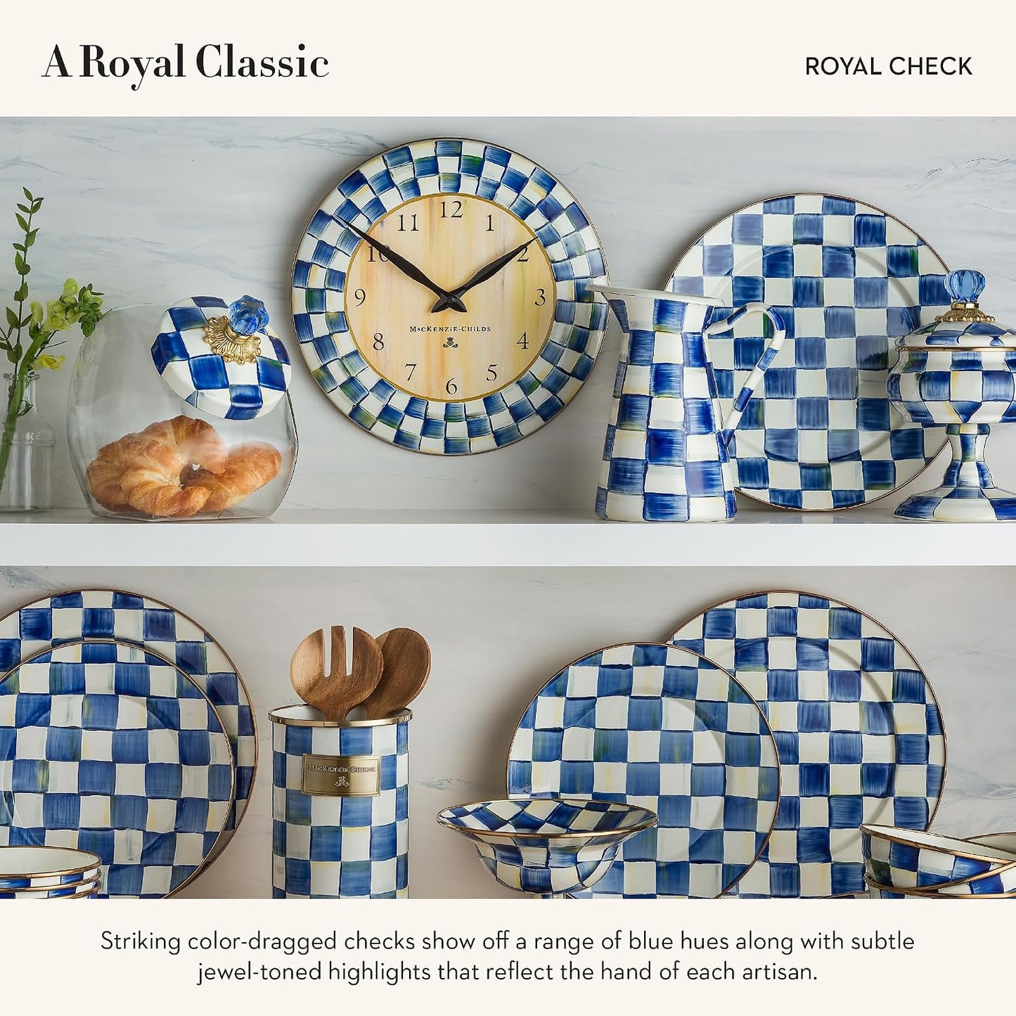 MACKENZIE-CHILDS Wall Clock, Blue-and-White Royal Check | Hand-painted design, made from enameled steel, decorative room clock, requires one AA battery (not included), 12" dia.