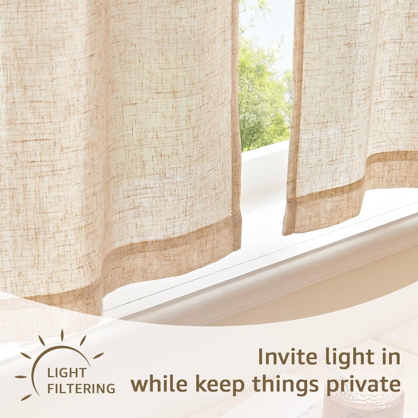 jinchan Linen Tie Top Curtains 36 Inch Length Farmhouse Cafe Curtains Set of 2 for Bedroom Bathroom Rustic Small Windows Light Filtering Crude Panels with Sage Green Ties