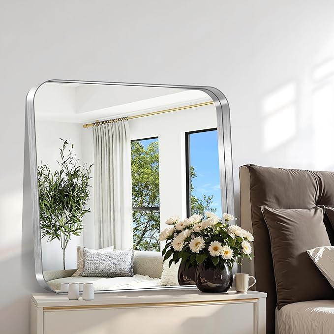 CIRCUMI Silver Bathroom Mirror, Rounded Corner, Tempered Glass, Square Mirror - Image 4