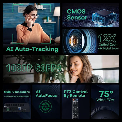 TONGVEO PTZ Camera AI Auto Tracking 12X Optical Zoom Conference Room Camera - Image 2