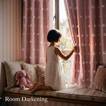 RYB HOME Room Darkening Pink Pom Pom Curtains for Nursery, Double Layer | Sheer Overlay, Cute Princess Style Decor, For Baby Girls Toddler Room, With 2 Bow Tie Backs,W52 x L63,2 Panels