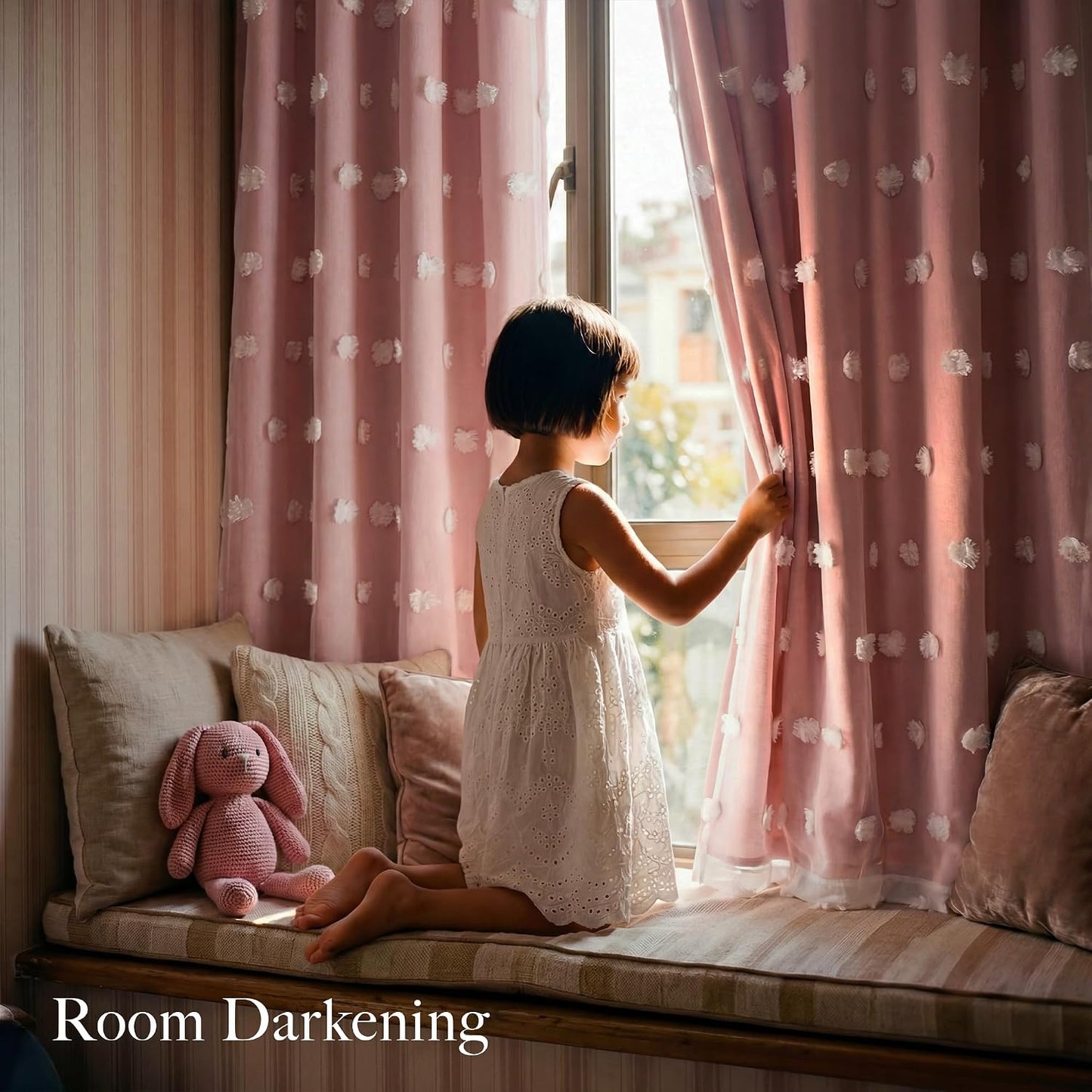 RYB HOME Pink Pom Pom Curtains for Girls Bedroom Nursery, Room Darkening | Double Layer, Thermal Insulated, For Girls Kids Bedroom Nursery, With 2 Bow Tie Backs, Shabby Chic, W52 x L84,2 Panels