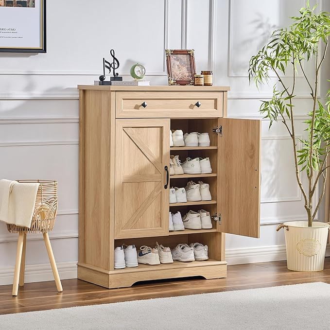 SOOWERY Shoe Cabinet with Drawer, Farmhouse Shoe Storage Cabinet with Doors - Image 3