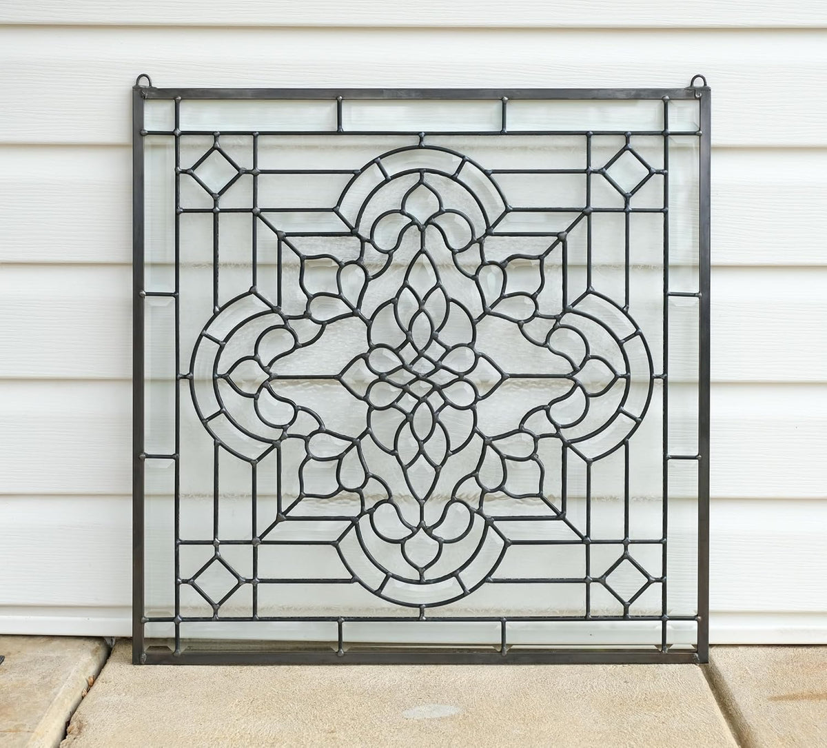 Stunning All Clear Stained Glass and Beveled Window Panel, 24"x 24"