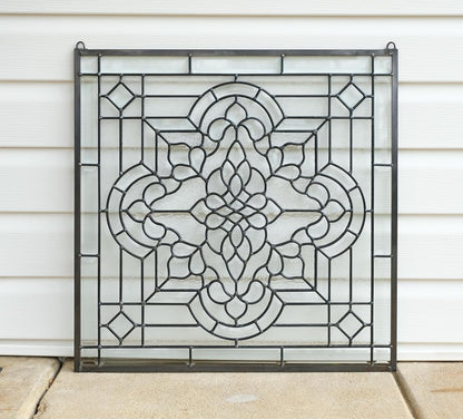 Stunning All Clear Stained Glass and Beveled Window Panel, 24"x 24"