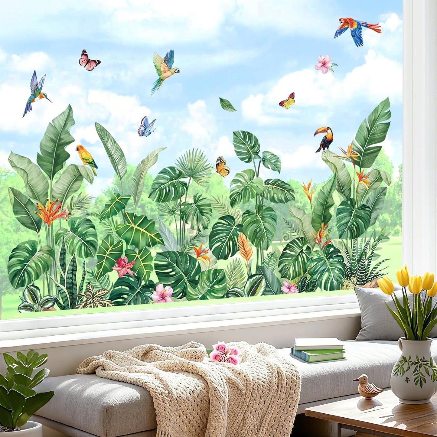 decalmile Window Clings Tropical Leaves Green Reusable Windows Decals