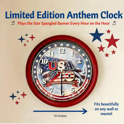 Wall Clock, America 250 Musical Anthem, Battery, Blue | 10-inch Analog Clock, Patriotic Design, Silent Hours Programmable, Plays Star-Spangled Banner | Batteries Not Included