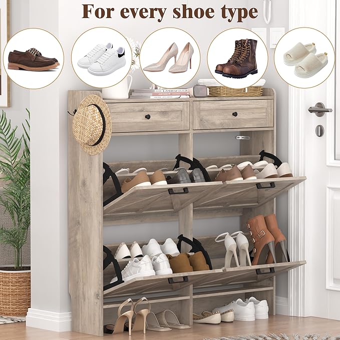 Shoe Cabinet with 4 Flip Drawers & 2 Storage Drawers, Rustic Farmhouse Narrow - Image 7