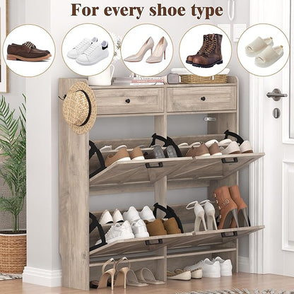 Shoe Cabinet with 4 Flip Drawers & 2 Storage Drawers, Rustic Farmhouse Narrow - Image 7